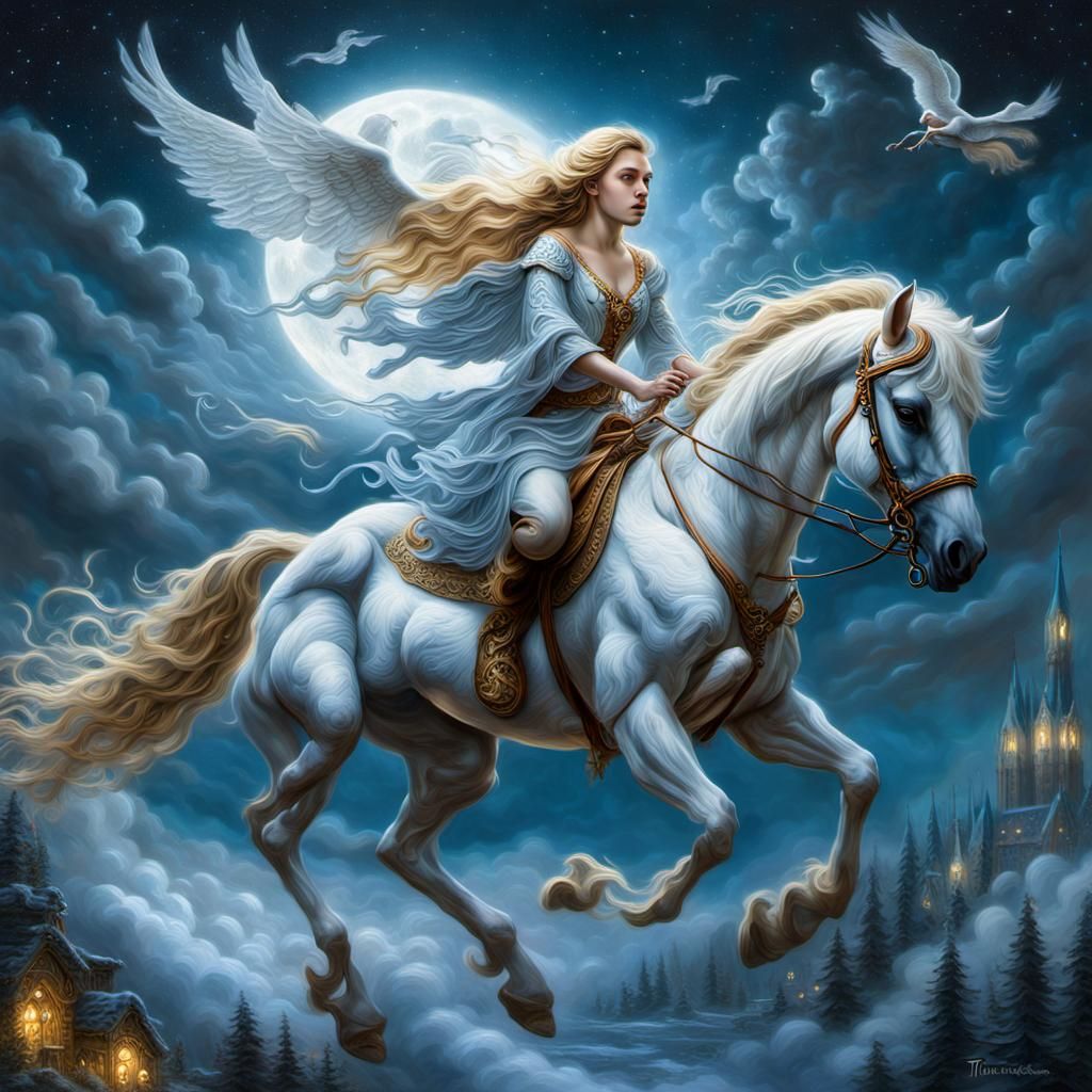 Blonde Woman on Pegasus in Moonlight: Hyperrealistic Art