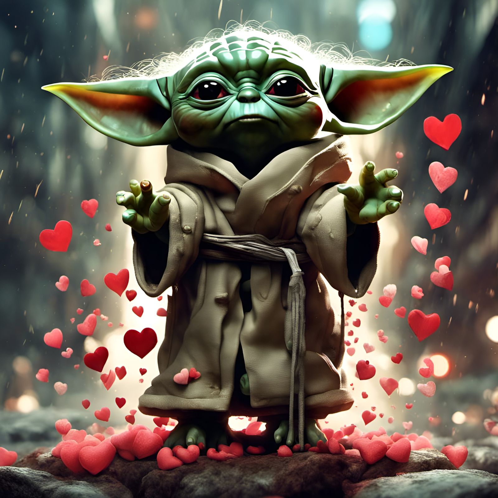 Adorable Chibi Yoda Surrounded by Hearts