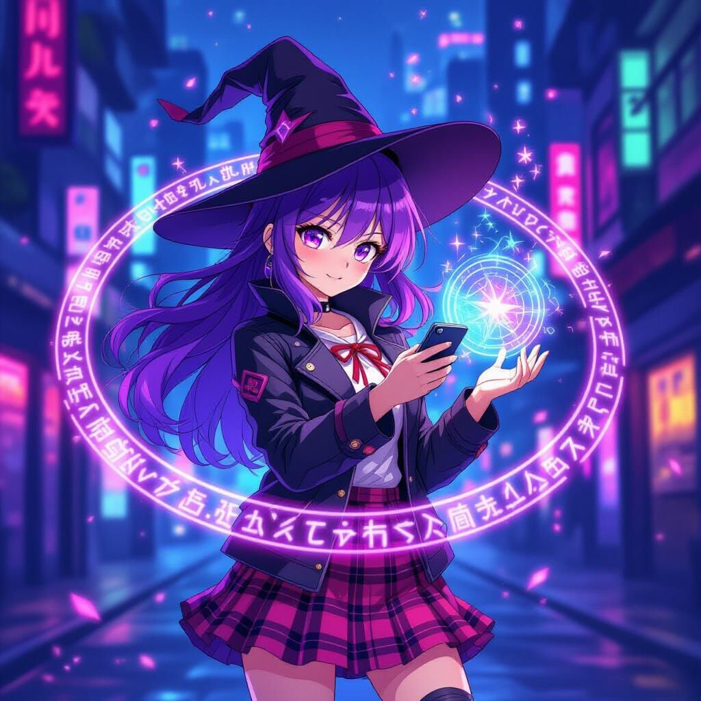 Cyberpunk Witch Girl Casting Spells With Smartphone