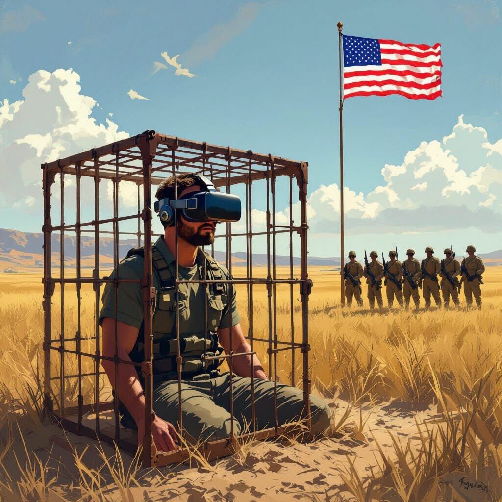 Man in VR Cage Under USA Flag with Soldiers