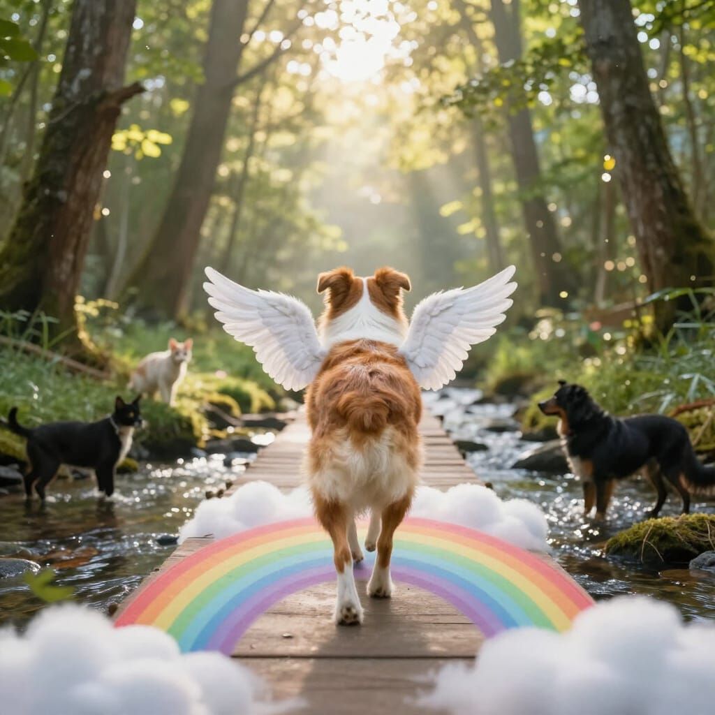 Collie with Wings Crosses Rainbow Bridge in Heavenly Forest
