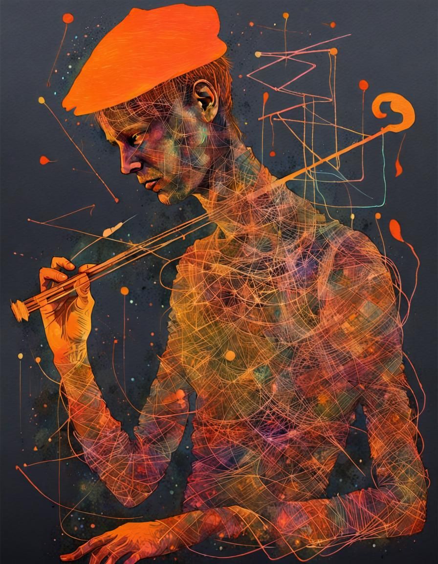 Psychedelic Silhouette of Street Musician in Watercolor Styl...
