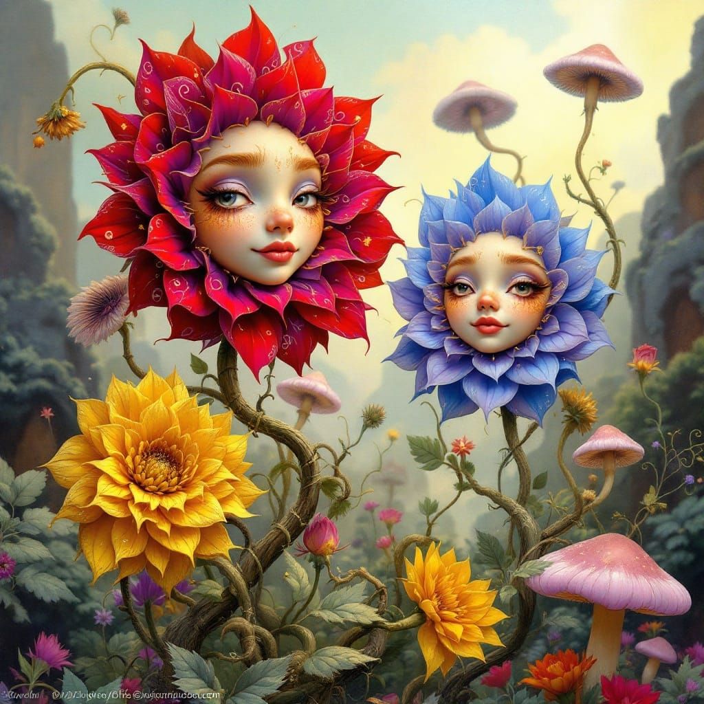 Whimsical Botanical Wonderland Blooms with Vibrant, Anthropo...