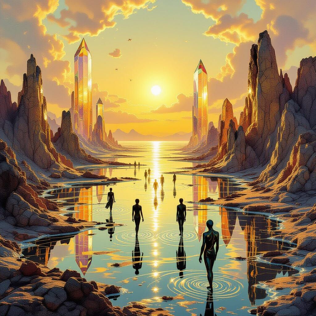 Surreal Crystalline Landscape in Molten Gold Sea