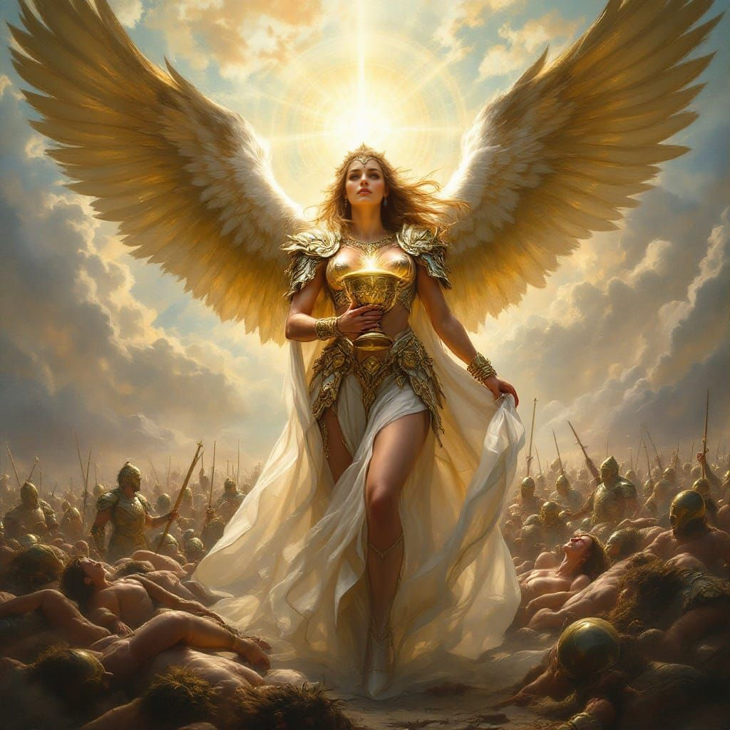 Valkyrie's Descent on Battlefield: Renaissance Painting