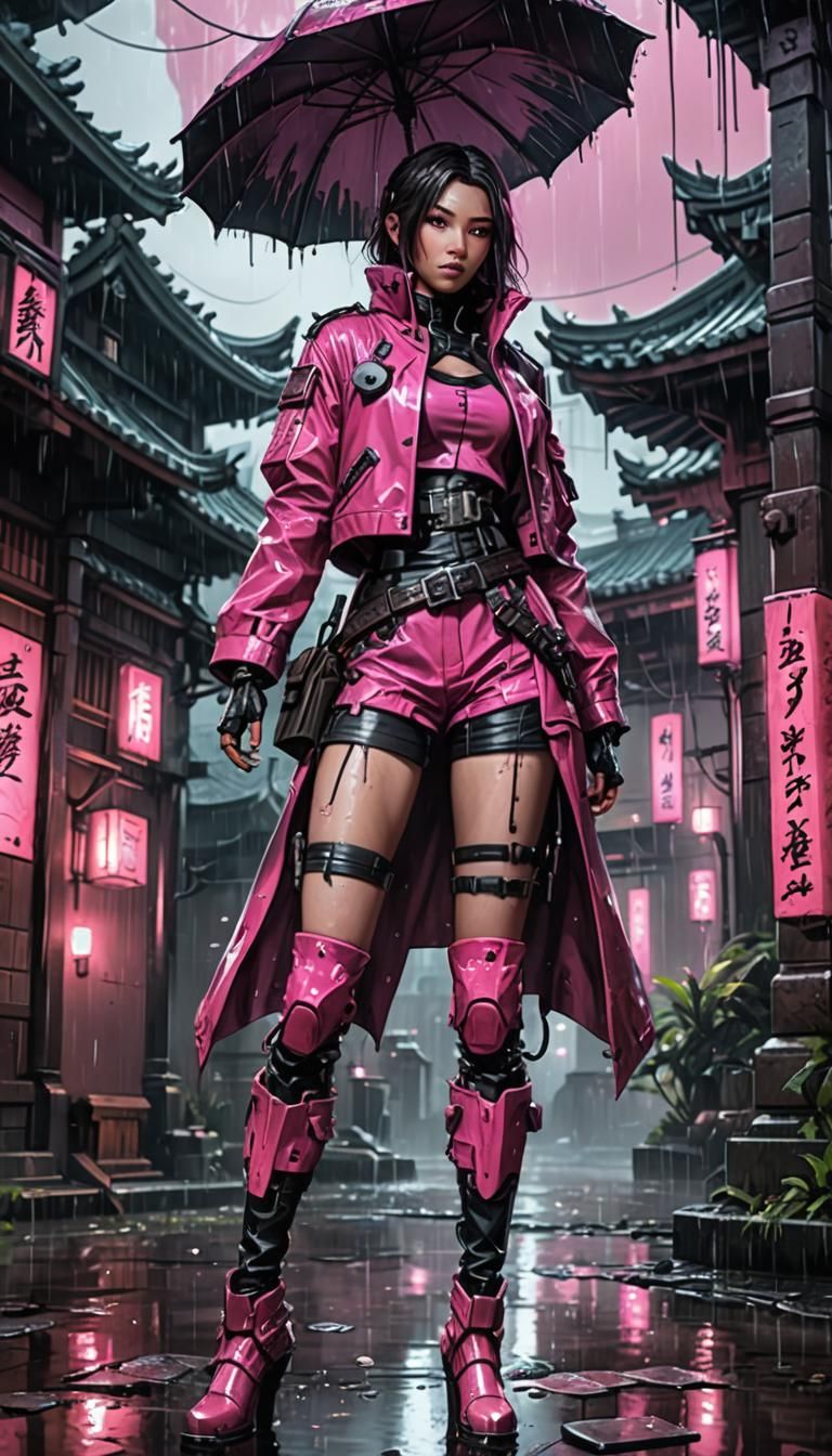 Cyberpunk Model in Rainy Japanese Temple