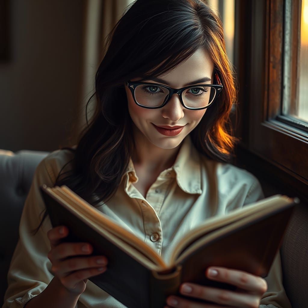 Elegant Woman Lost in Book, Warm Atmosphere, Moody Lighting