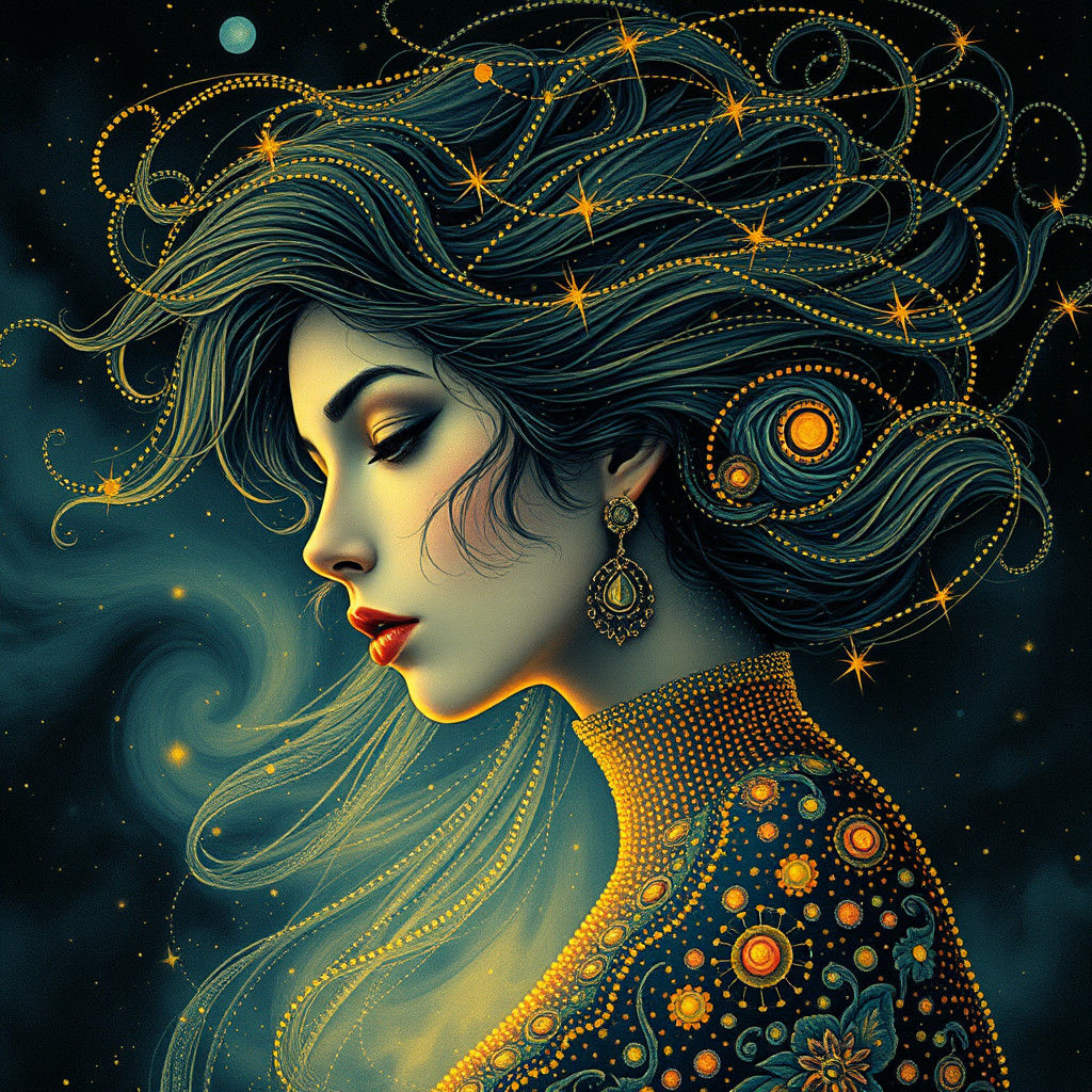 Mysterious Woman: Aboriginal Dot Art in Van Gogh Style