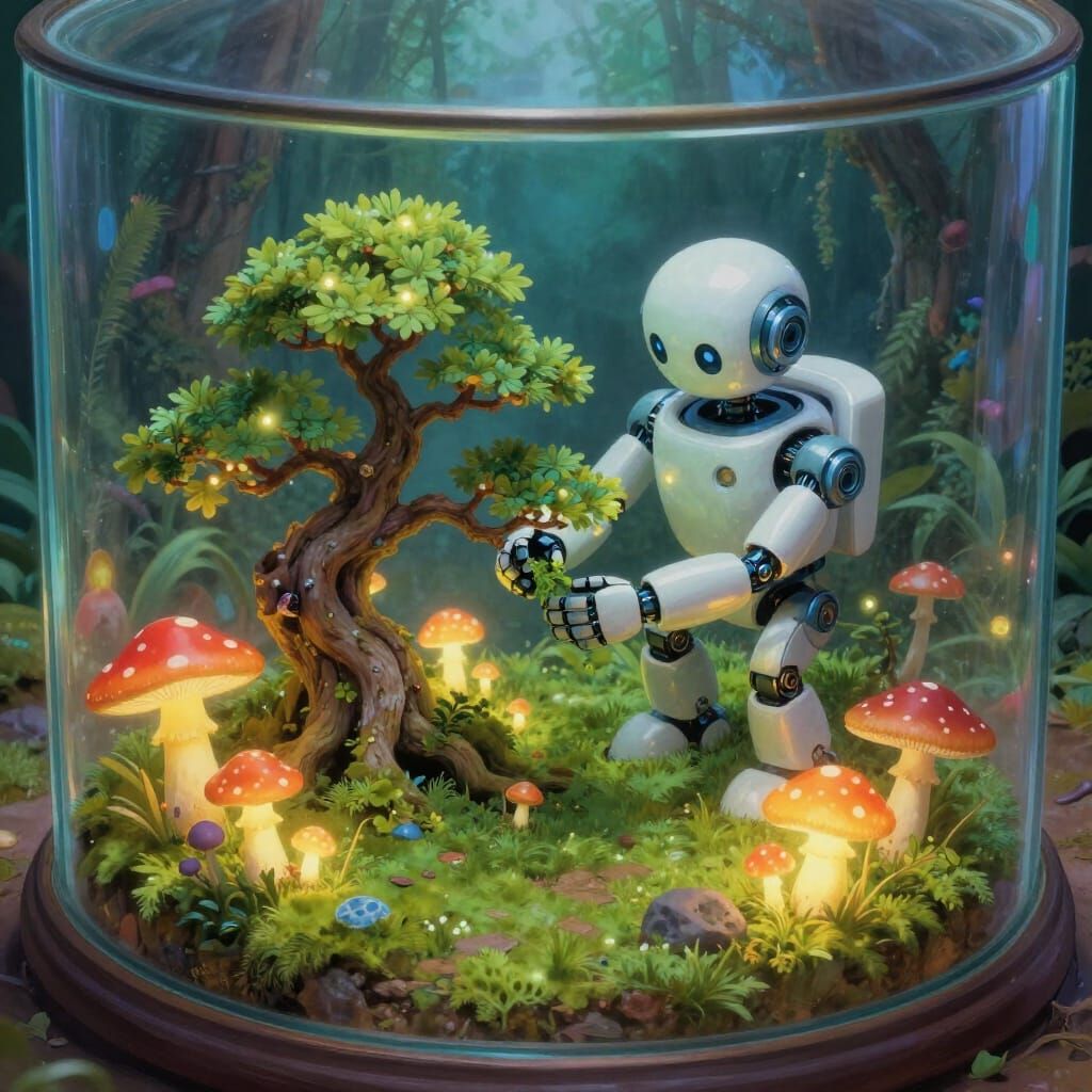 Whimsical Robot Tends Enchanted Forest Terrarium