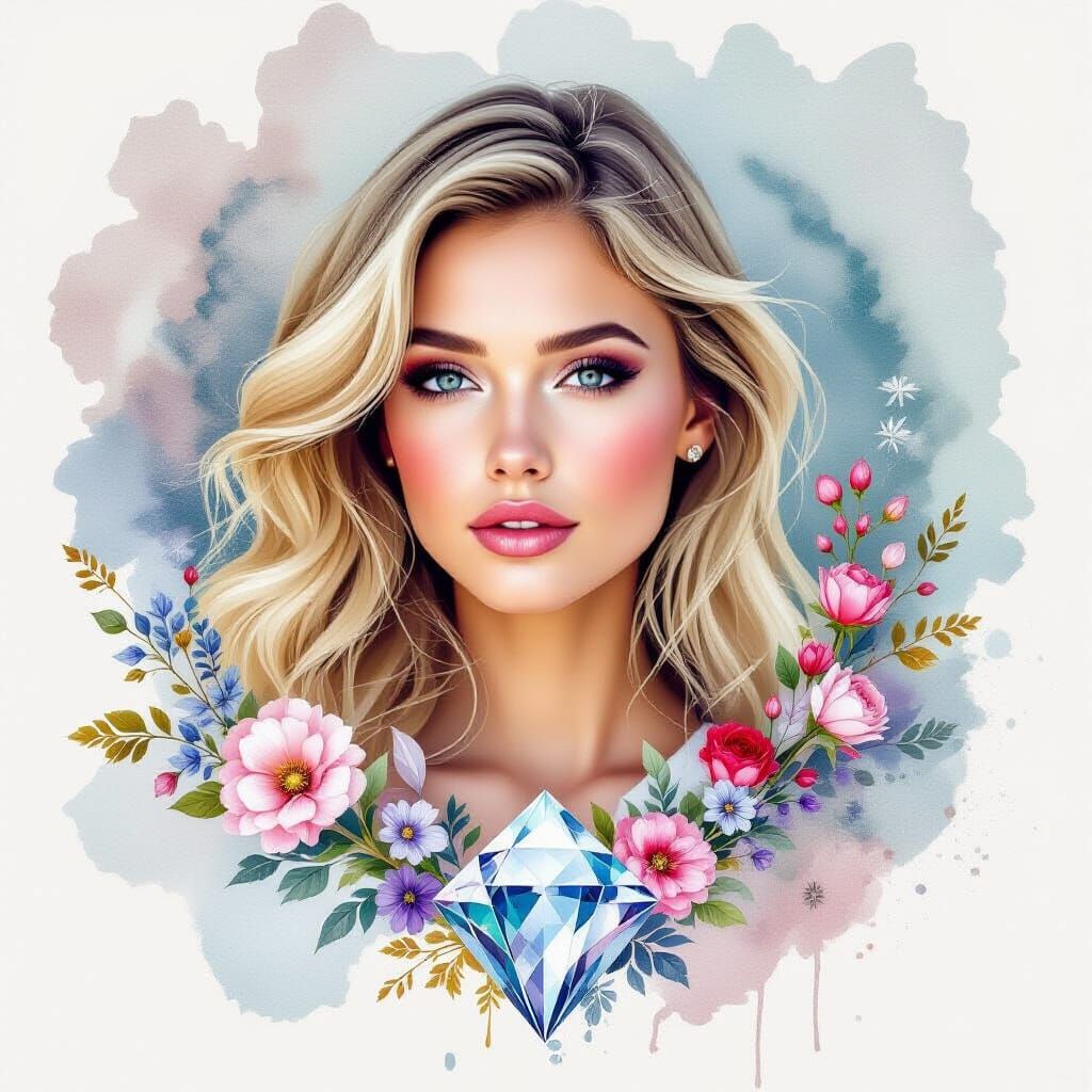 Fantasy Collage of Blonde Woman with Watercolor Effects
