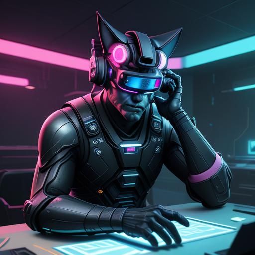 Neon Cat Hacker in VR: Ukiyo-e Pixar Fusion