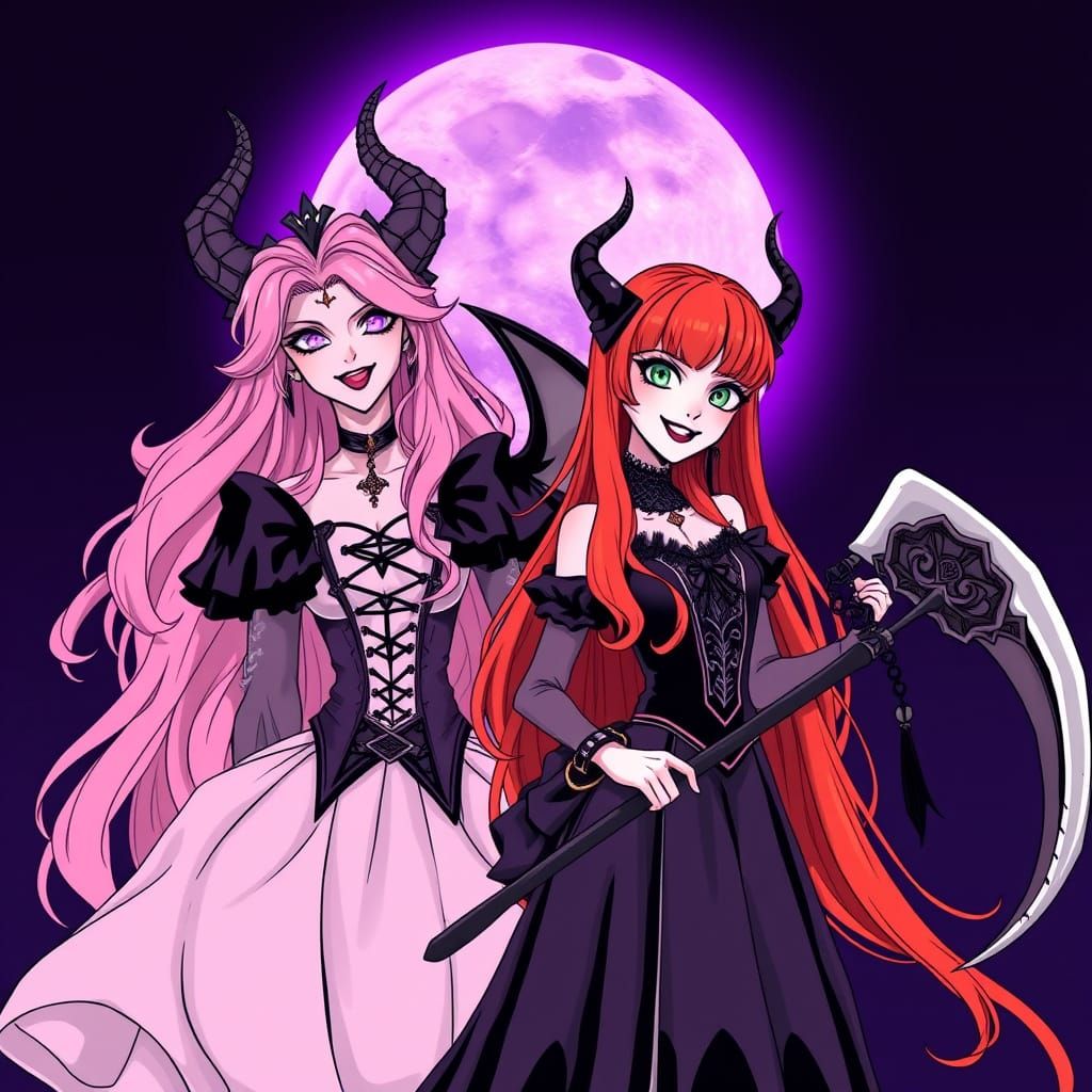 Two Smiling Demon Women in Manga Style