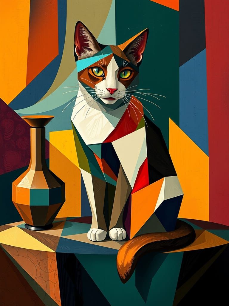 Cubist Cat in Art Deco Still Life