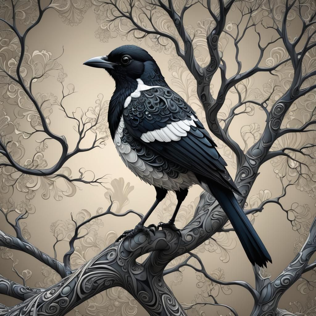 Magpie in Tree, Abstract Vector Fractal Art