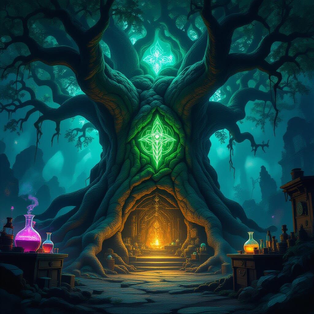 Ancient Tree Secret Base with Arcane Symbols