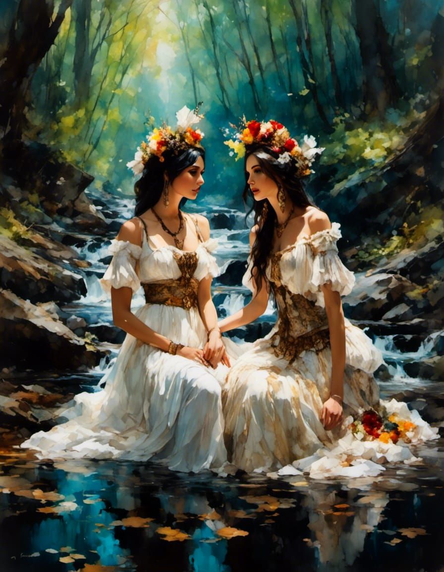 Romantic Lesbian Couple Portrait in Gouache Style