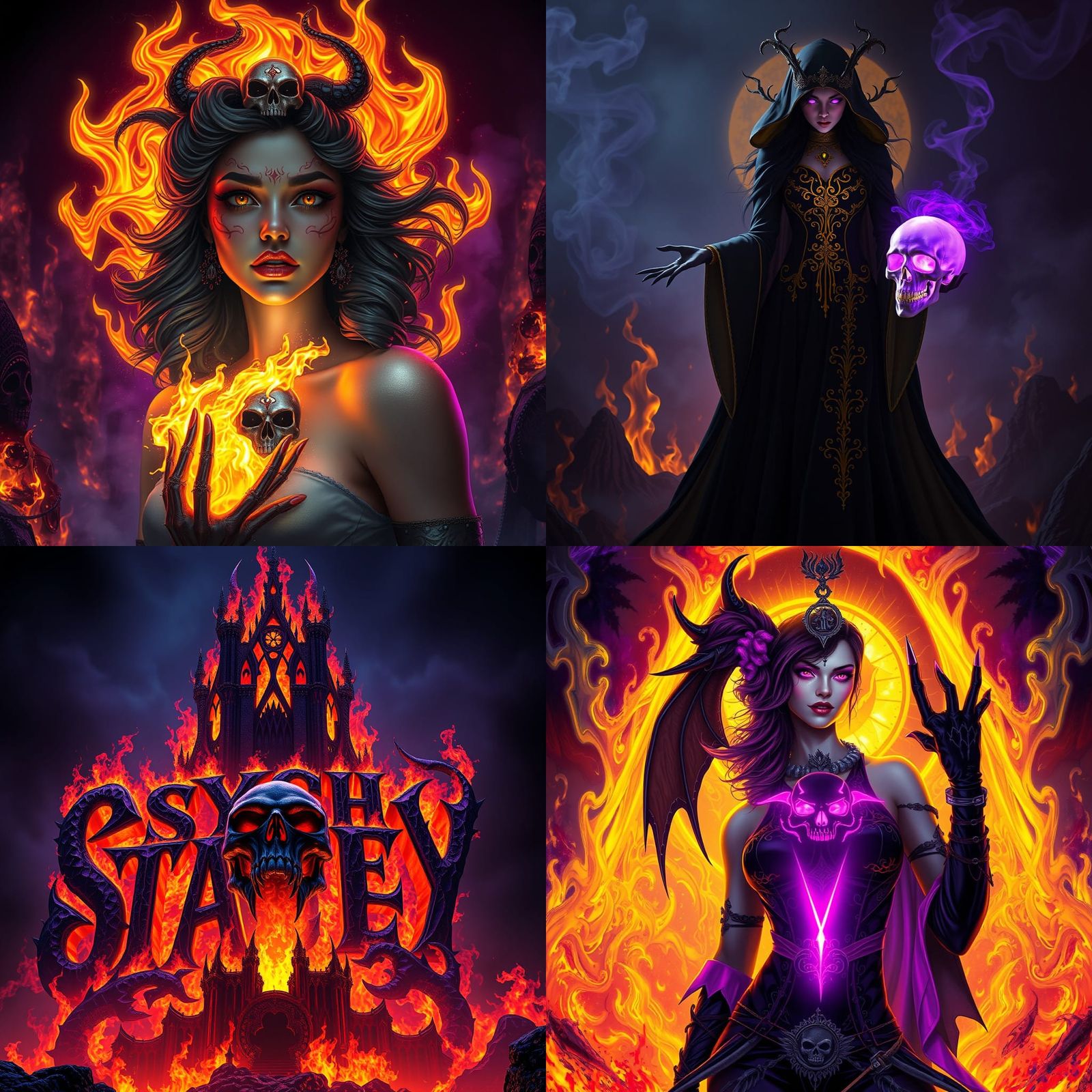 Psycho Stacey Skull Flames Dark Fantasy Art