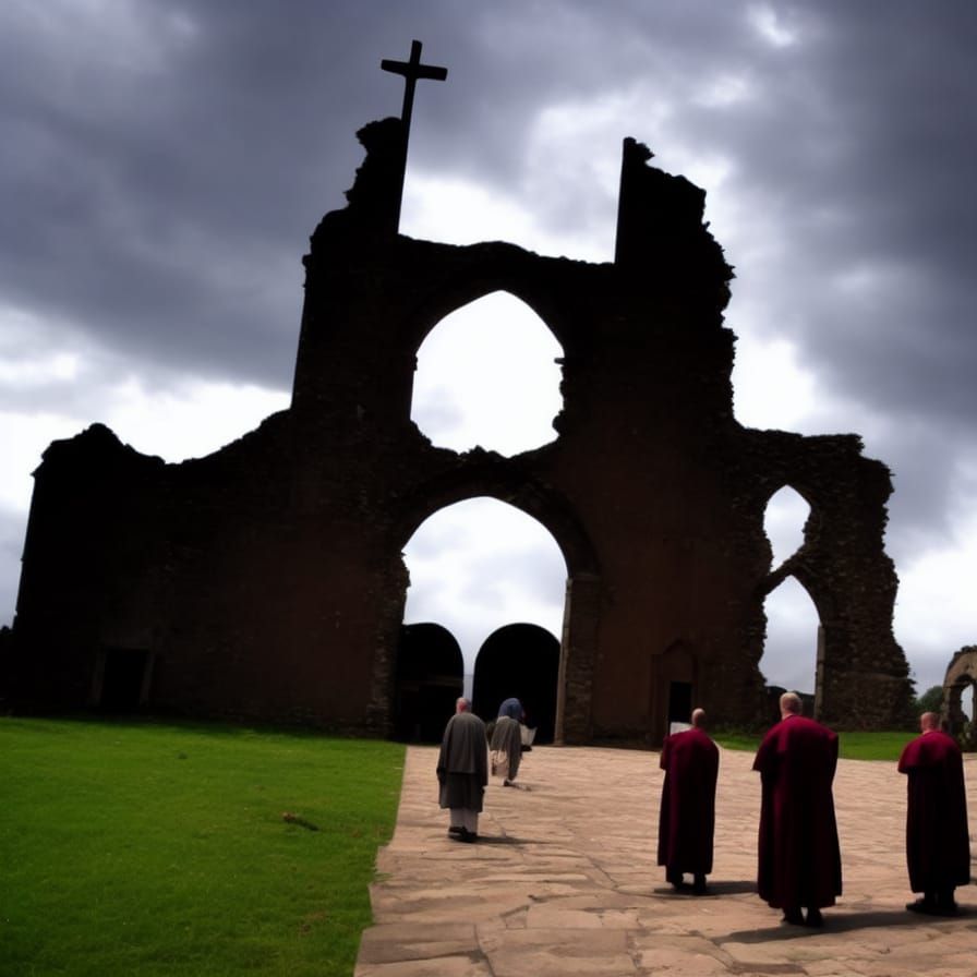 Monks Gather Before Old Church Ruins