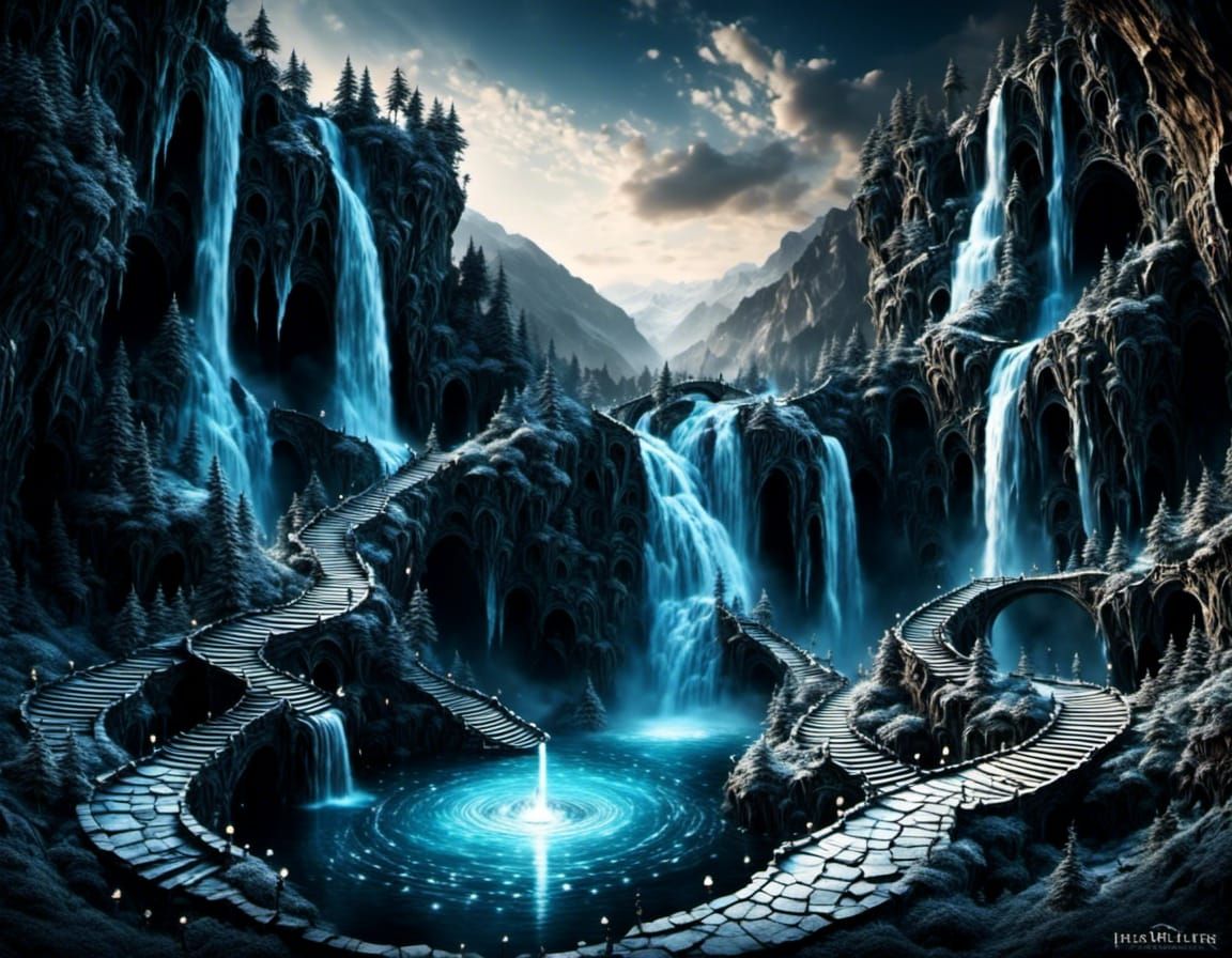 Luminous Waterfall Cascade into Glacier Pool: 3D Render