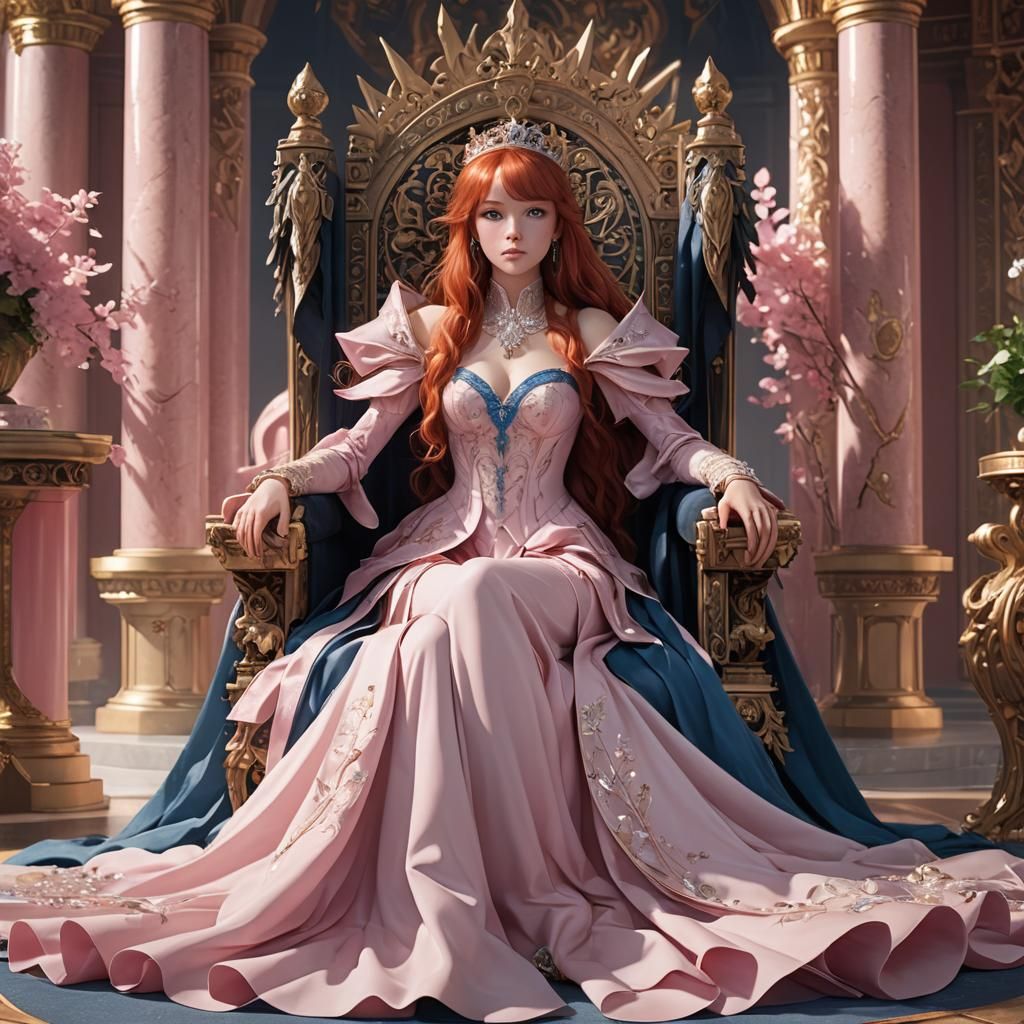 Anime Princess with Red Hair on Throne