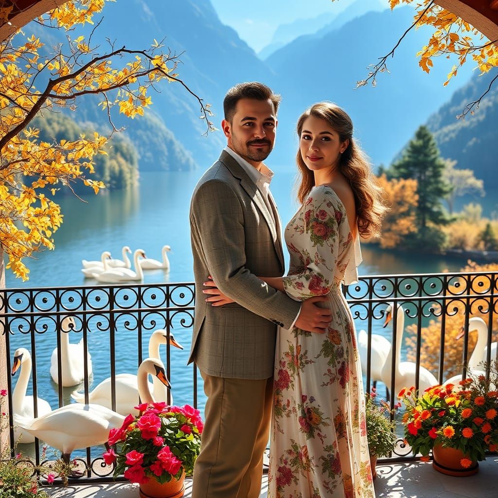 portrait photo of a beautiful couple, man and woman, facing the camera standing together on a veranda with a wrought iro...