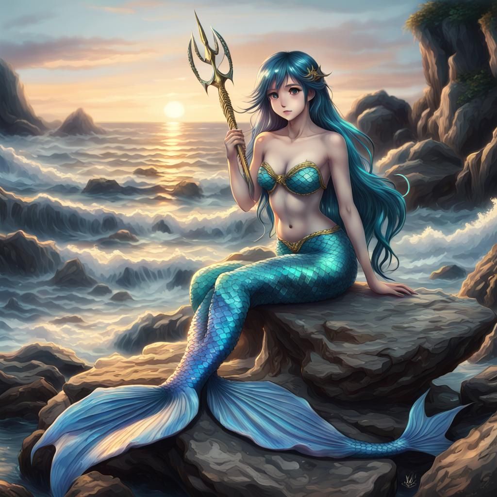 Majestic Mermaid with Trident at Sunset: Anime Style