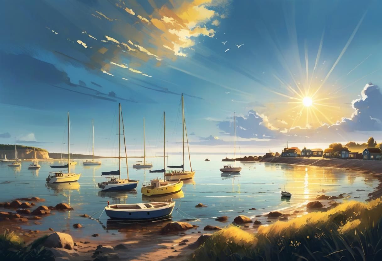 Sunset Seascape with Distant Boats and Warm Tones