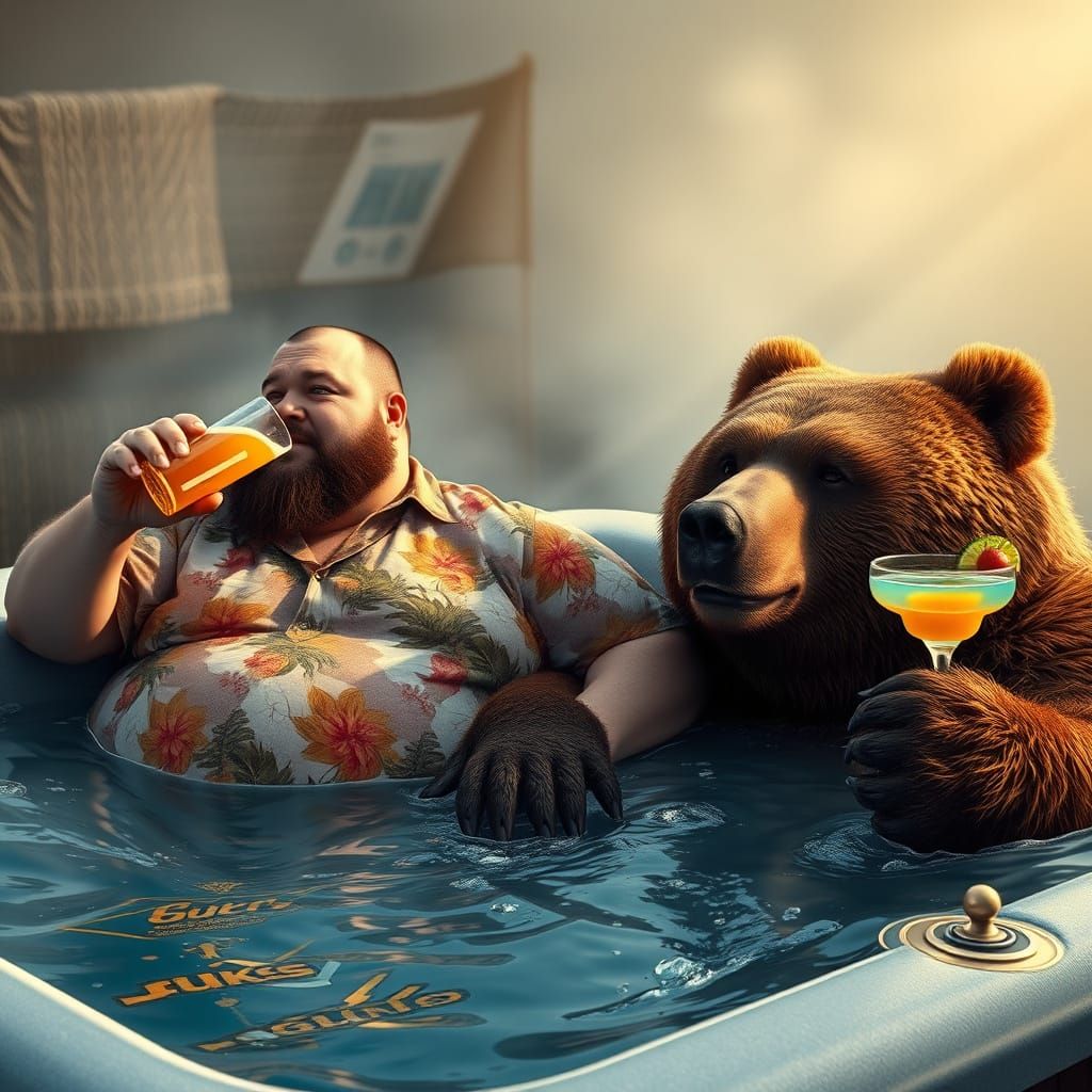 Man and Bear in Hot Tub, Hyper-Realistic 8K