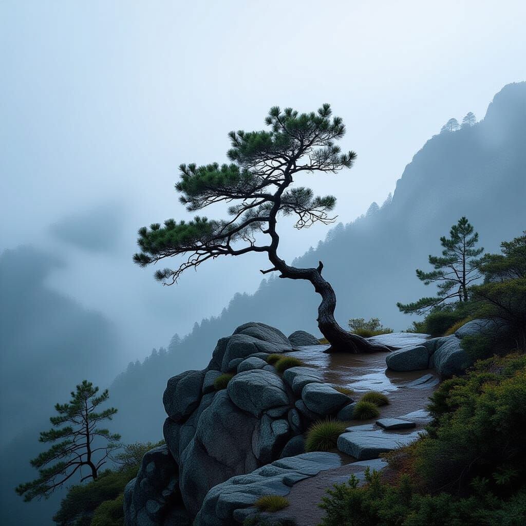 Monochrome Mountain Landscape with Windswept Tree