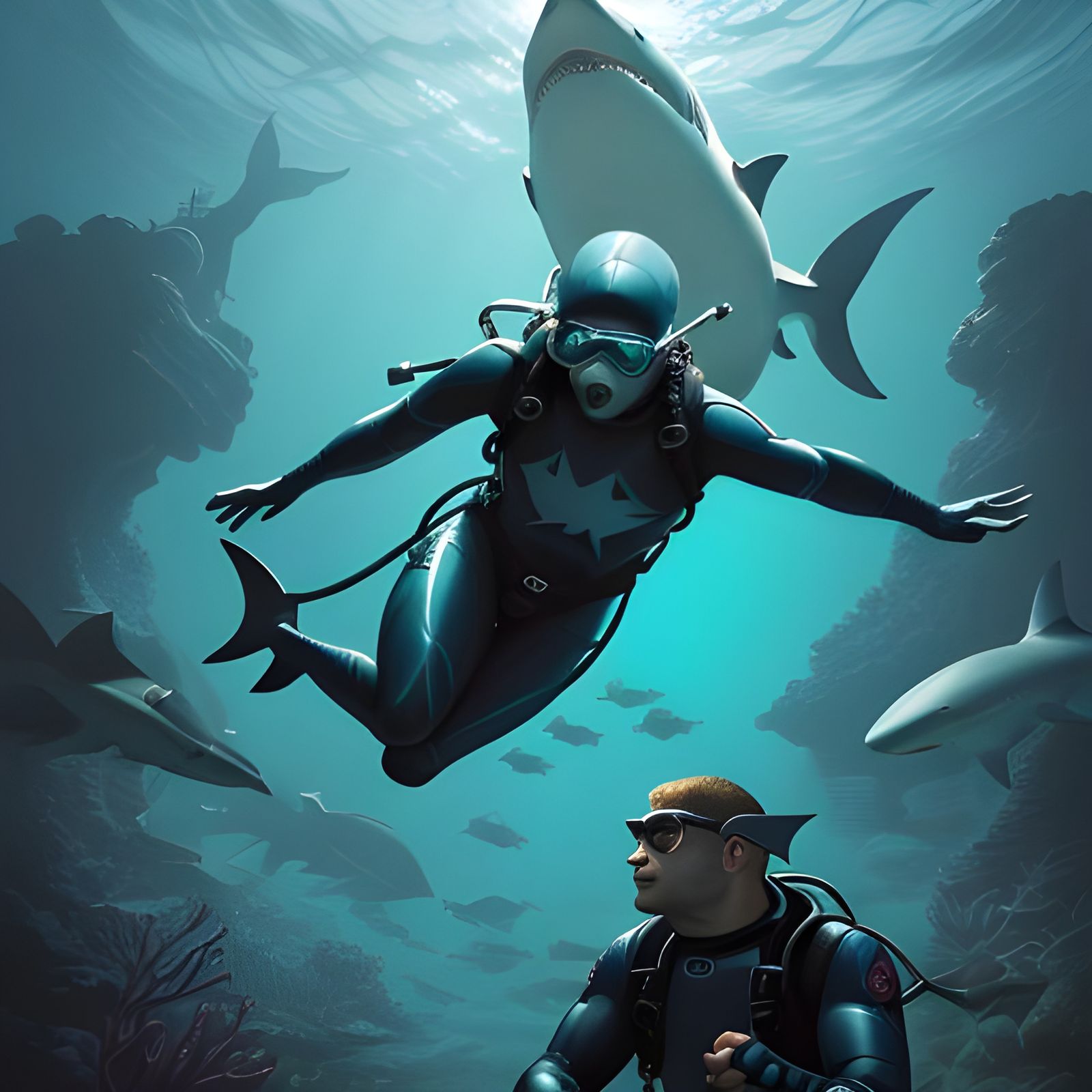 Diver and Shark Conversation in Comic Book Art