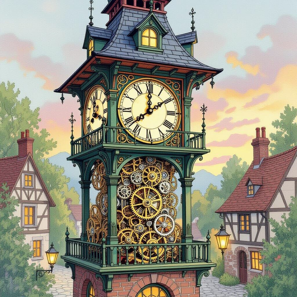 Whimsical Clock Tower with Intricate Mechanisms in Pencil St...