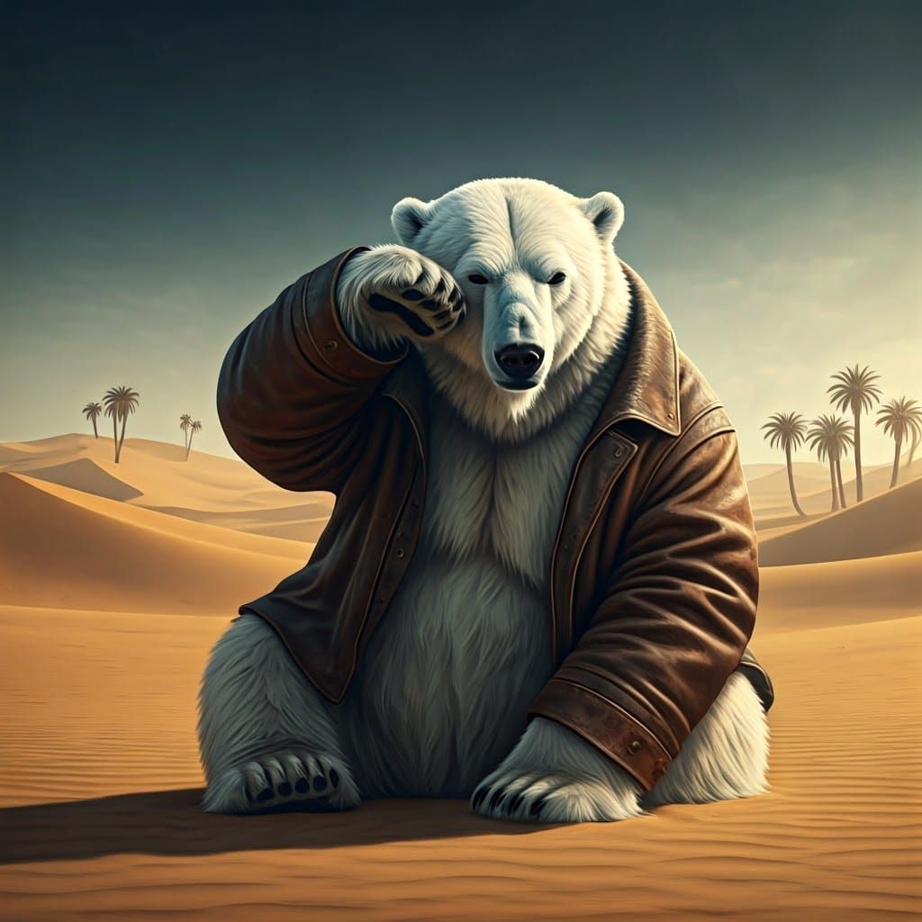 Polar Bear in Desert, Matte Painting Style