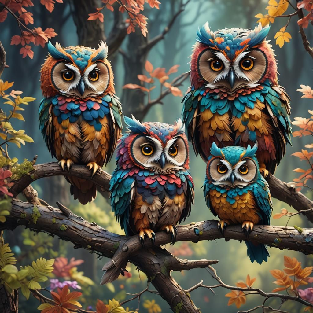 Colorful Fluffy Owls on Branch, Detailed Digital Art