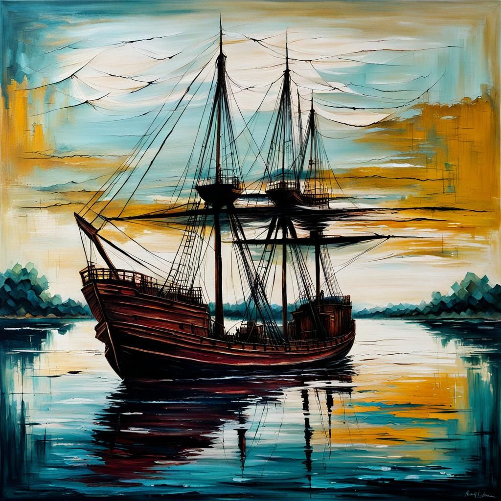 Vintage Wine Schooner on Calm River, Abstract Art