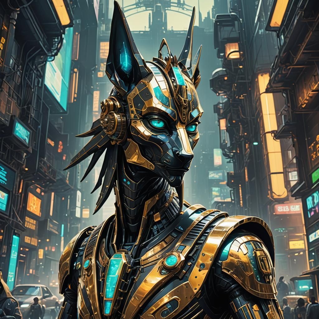 Cybernetic Anubis God in Futuristic Cityscape
