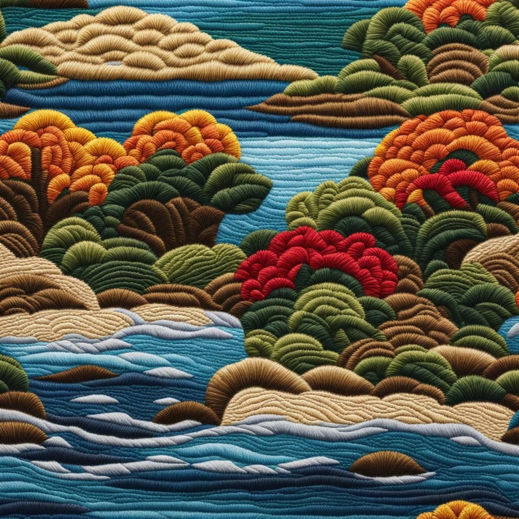 Portrait of a detailed pattern embroidery of an ocean landscape scenery, island, dense felt fabric texture