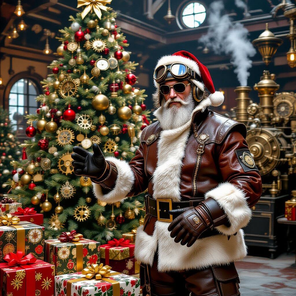 Keanu Reeves as Steampunk Santa with Clockwork Gifts