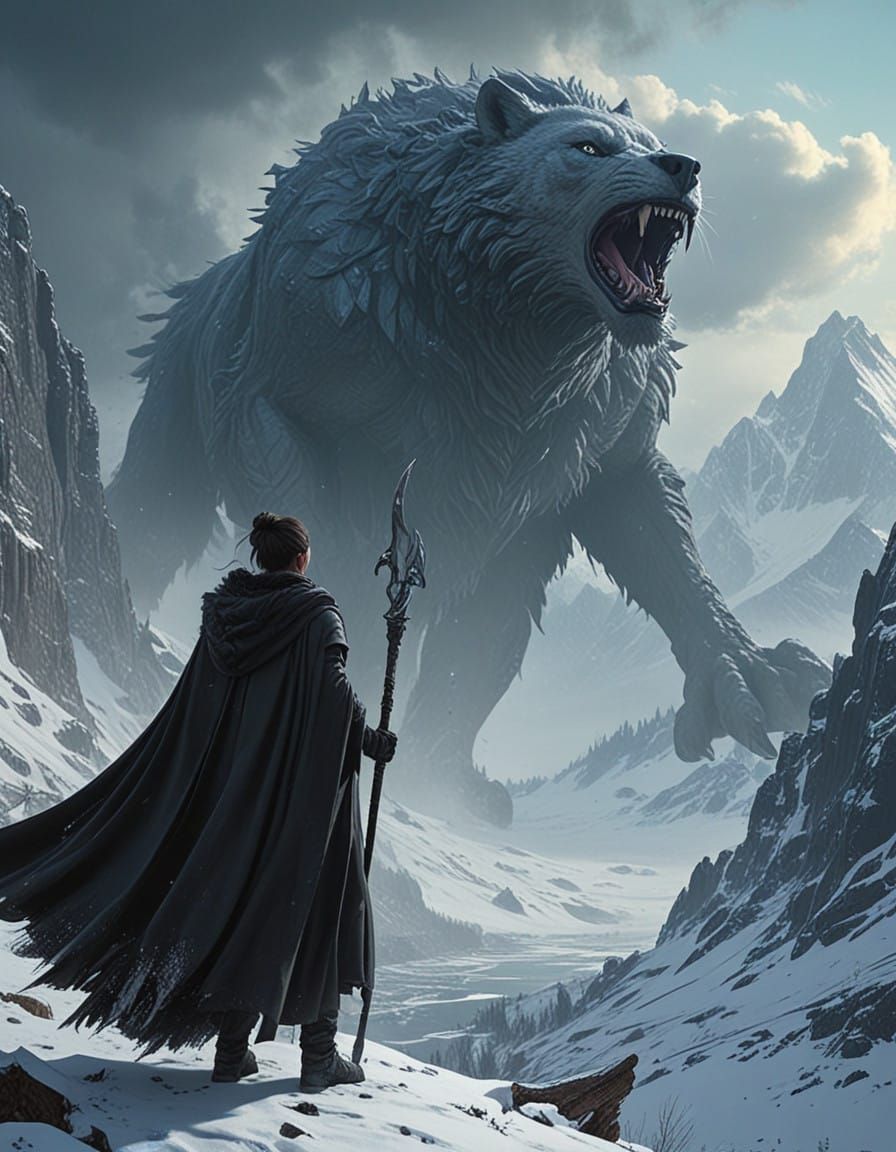 Heroic Warrior Defies Ancient Beast in Futuristic Snowy Land...
