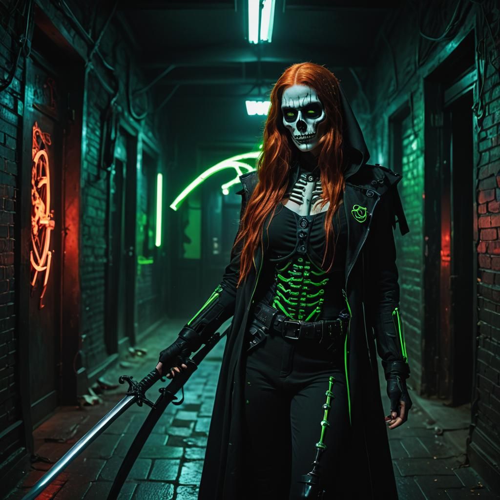Cyberpunk Grim Reaper in Haunted House Interior
