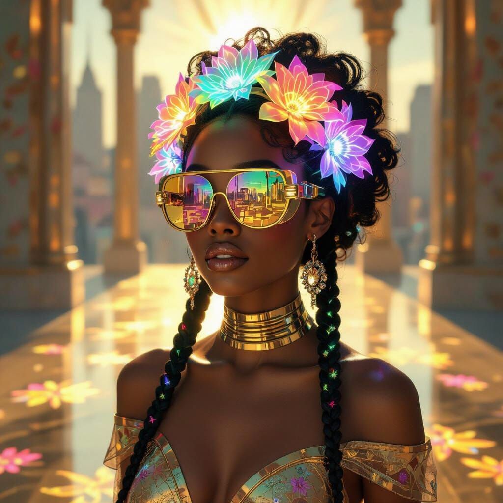 Afrofuturist Woman with Cybernetic Enhancements in Art Nouve...