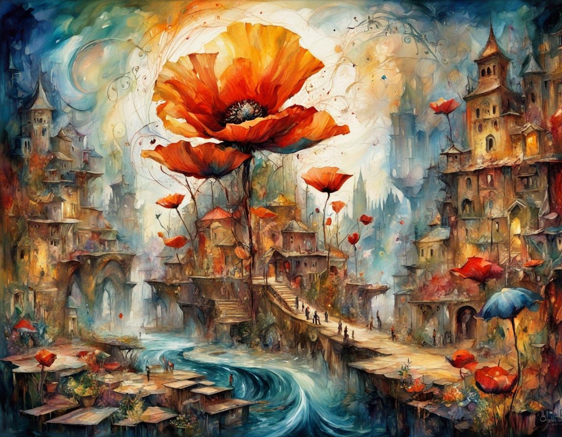 Poppy Dreamscape: Ethereal Watercolor Impasto Painting