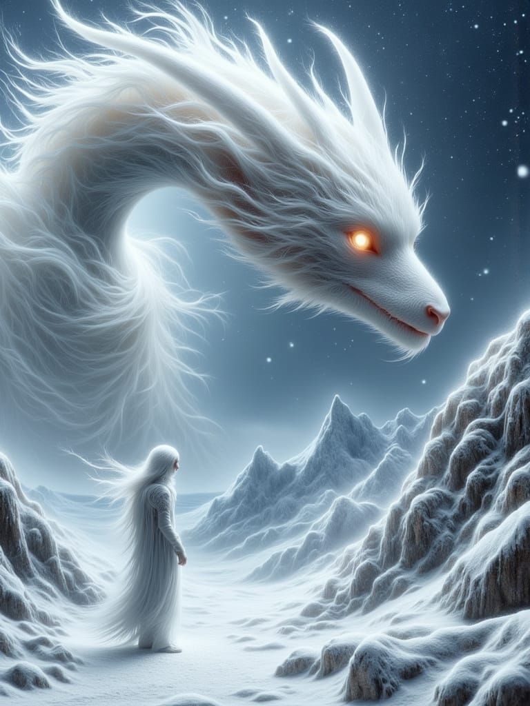Surreal Winter Scene with Majestic Dragon and Lone Figure in...