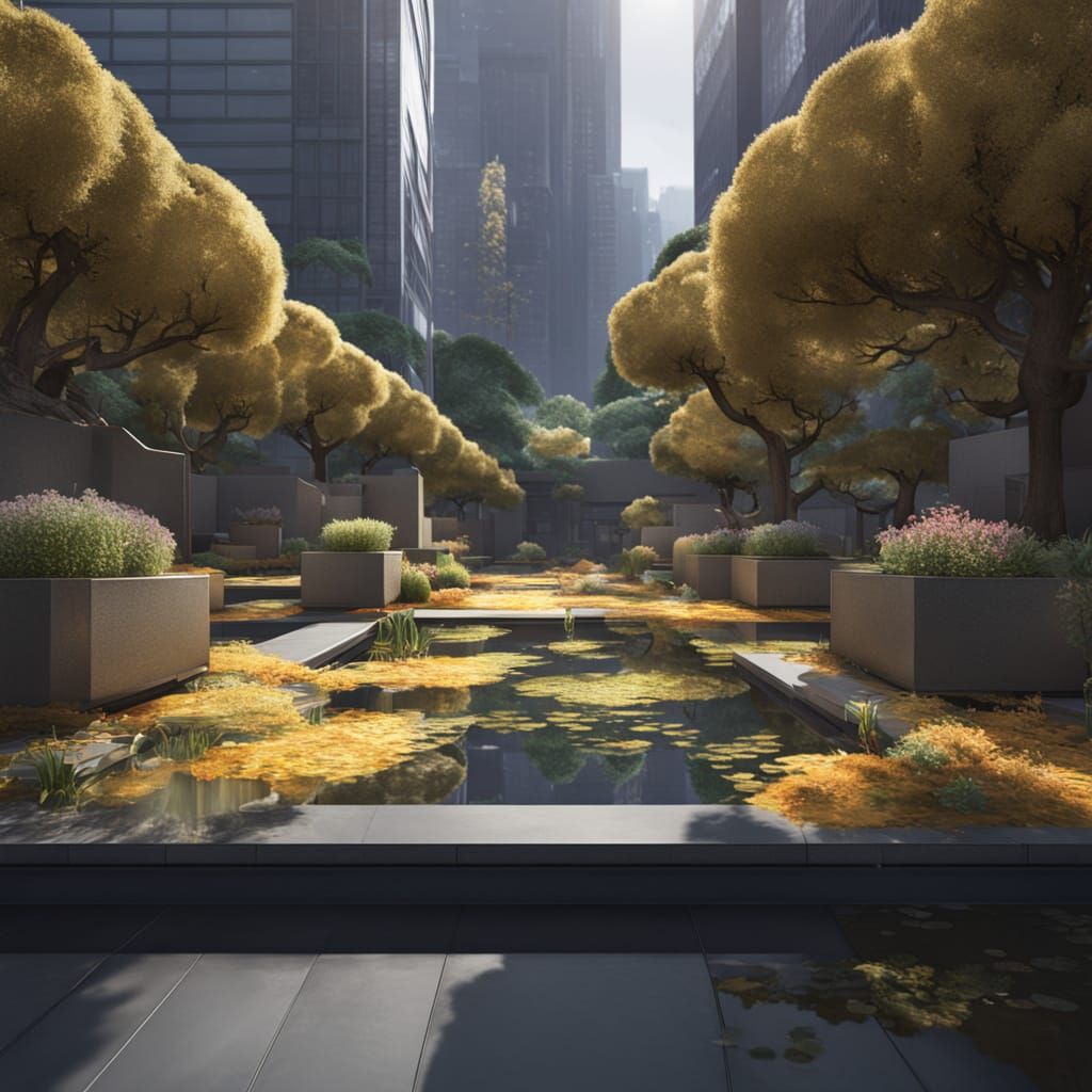 Surreal Zen Oasis Amidst Urban Skyscrapers