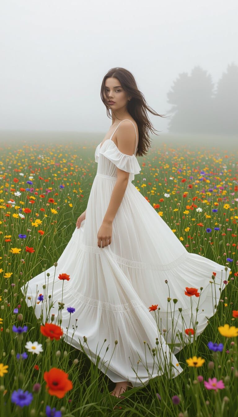 Girl in Foggy Field with Wildflowers, Dreamy Photo