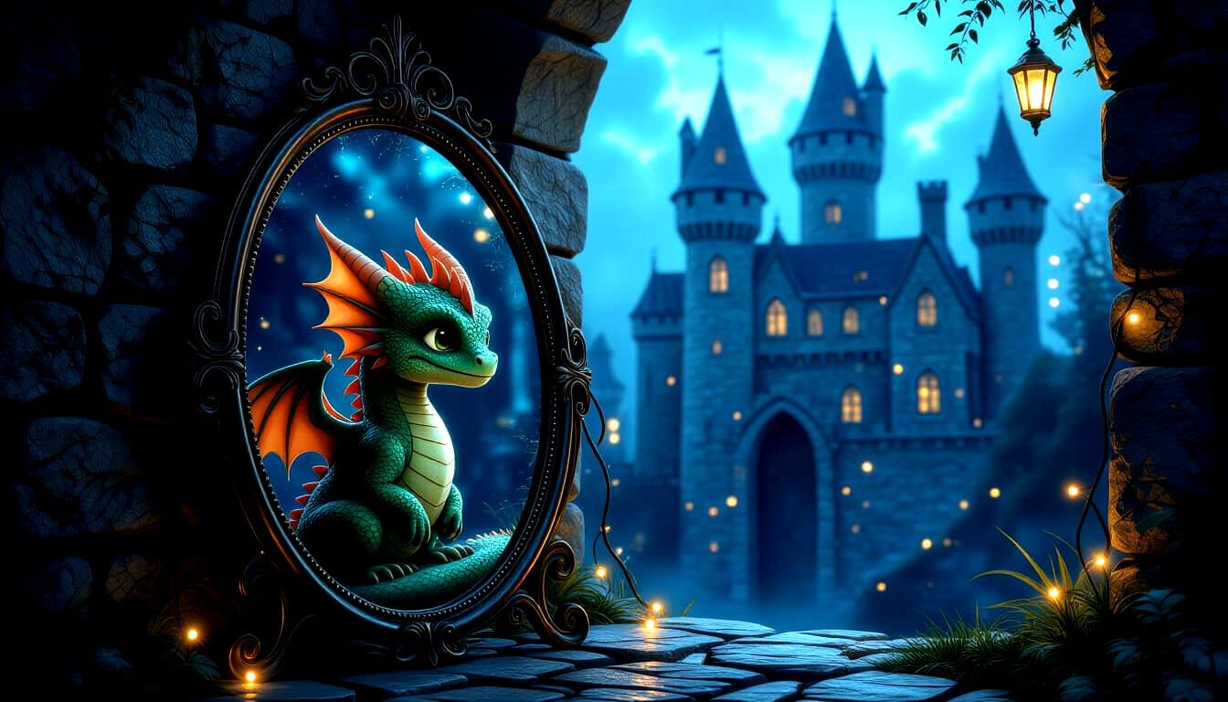 Whimsical Baby Dragon and Eerie Castle