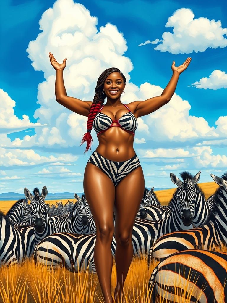 Bi-racial Woman in Zebra Bikini with Zebras