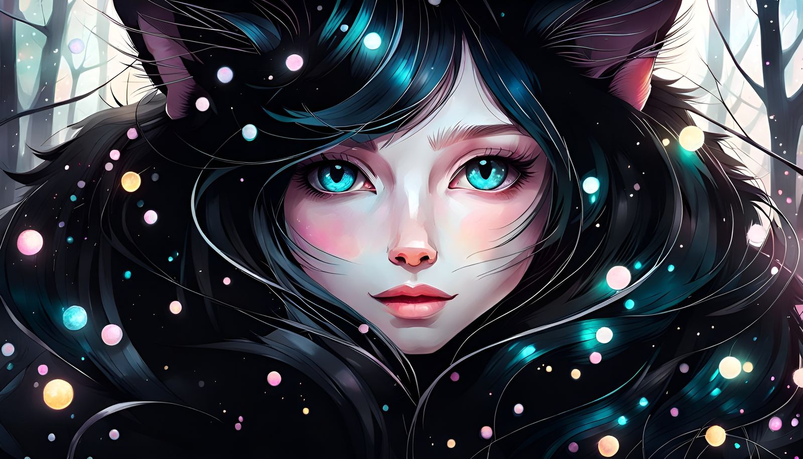 Black Cat Portrait with Fireflies in Digital Art
