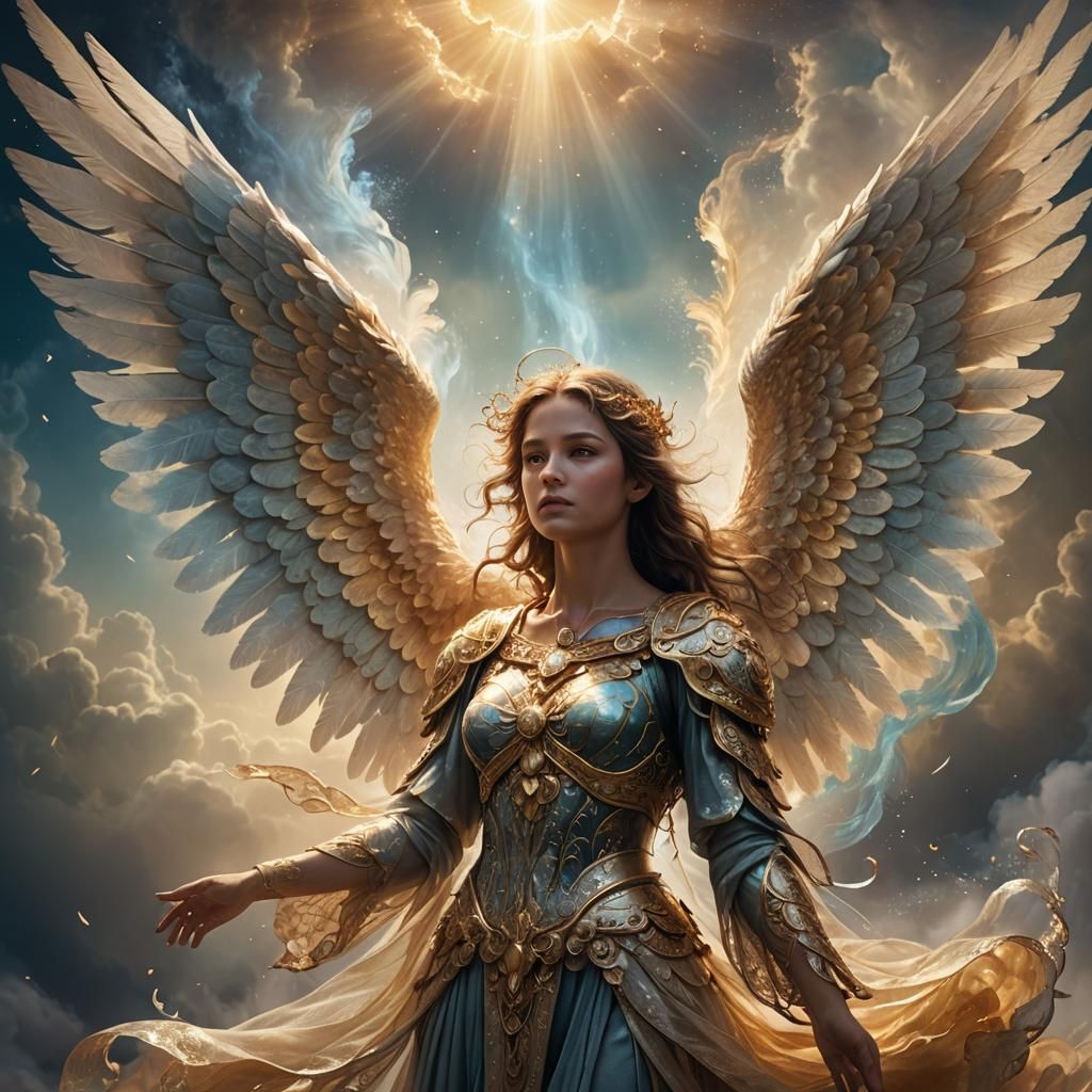 Mystical Angel on Iridescent Cloud: Fantasy Art