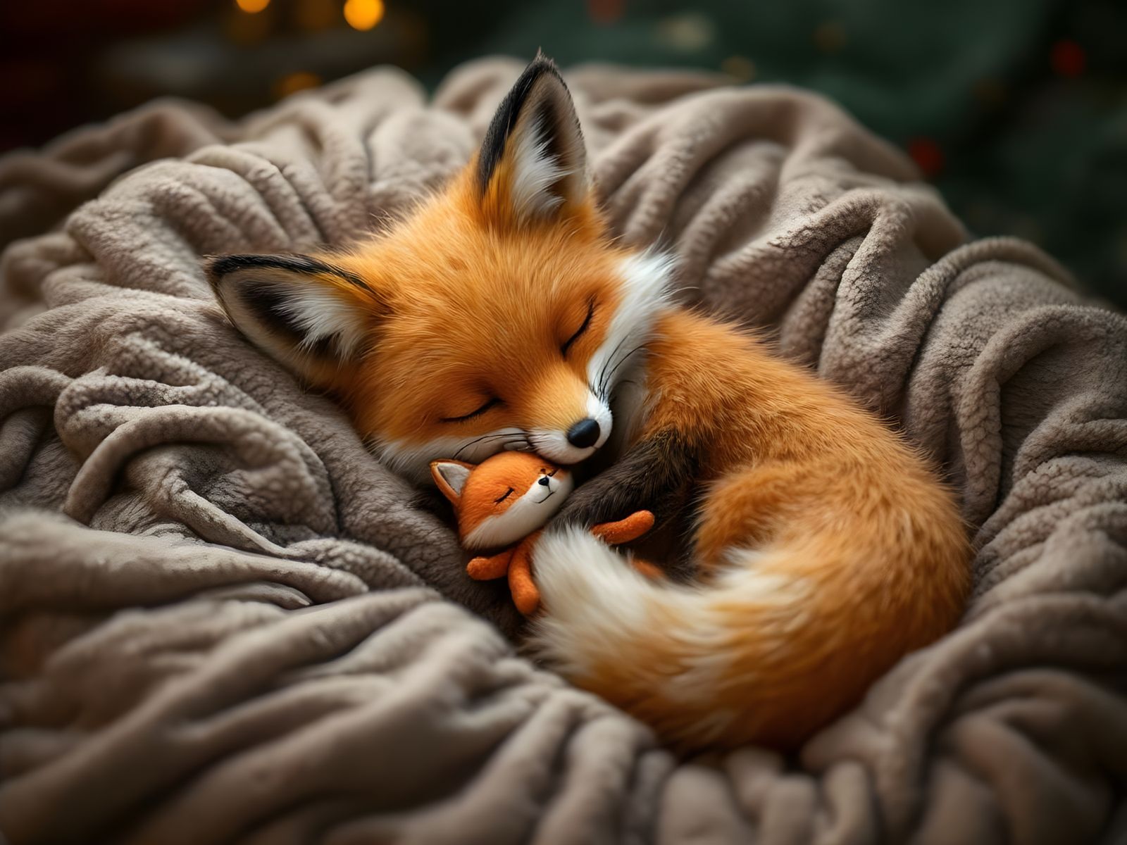 Cute Fox Asleep with Toy on Velvet Blanket