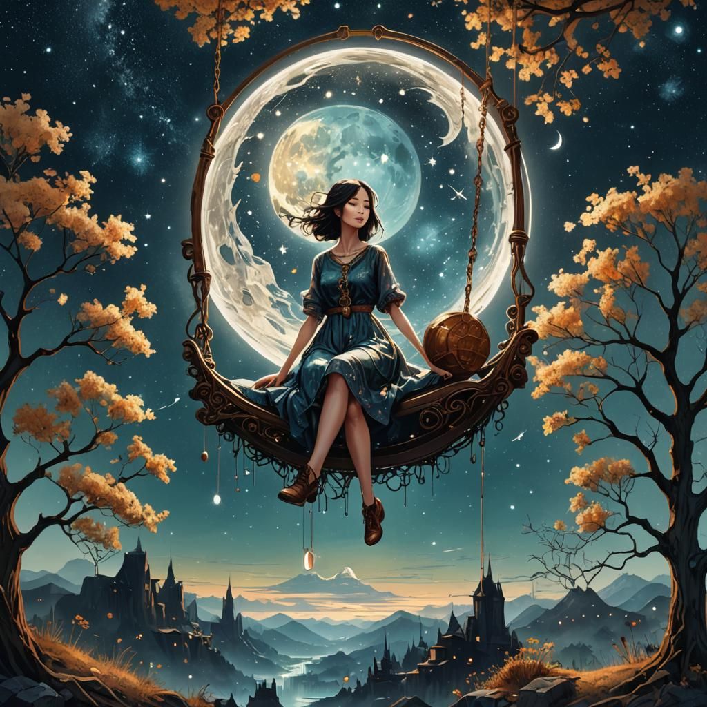 Glass Moon Swing: Starry Night Watercolor